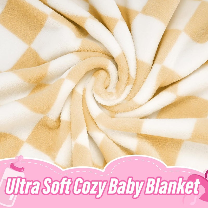 GreatBba Plush Checkered Baby Blanket for Boys Girls Nursery, 30"*40" Warm Short Fleece Blanket Neutral for Infant Newborn, Small Fuzzy for Sleeping, Chenille or Stroller (Sand Yellow&White) - Image 2